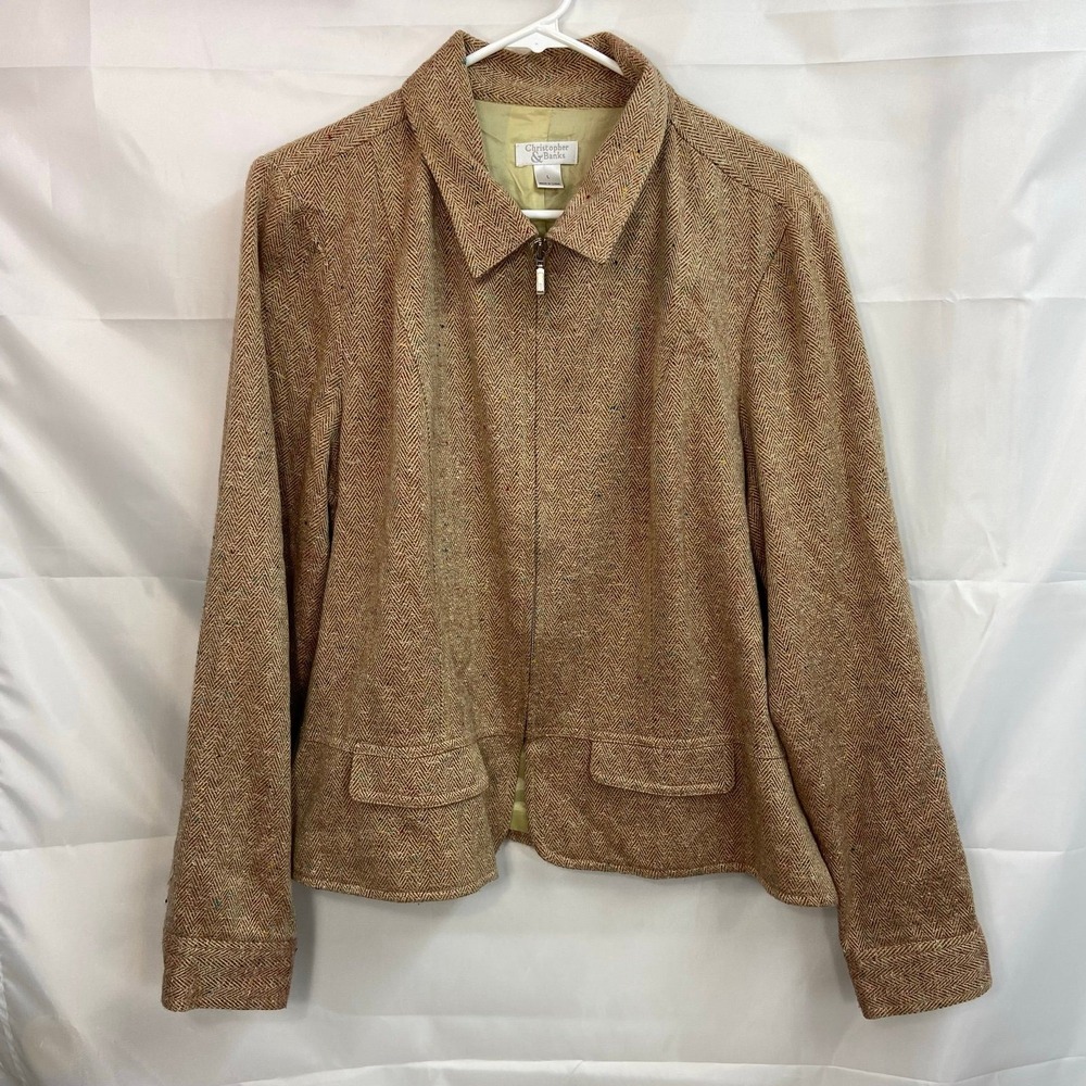 Christopher & Banks women's tweed knit speckled zip collared faux pocket jacket‎